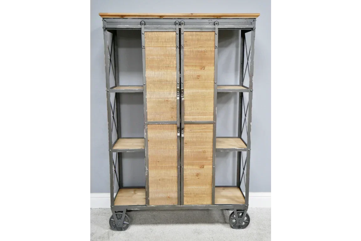 Industrial storage cabinet with wooden sliding doors, metal frame, side shelves and wheels