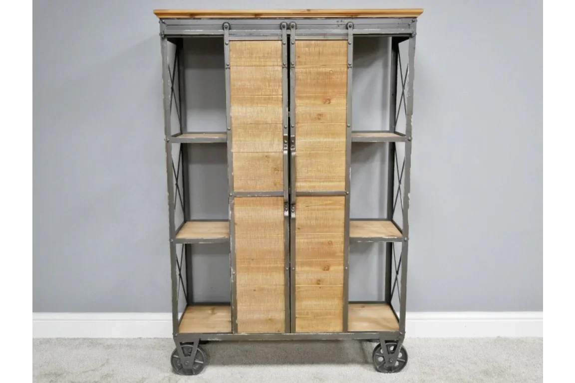 industrial style shelving unit with wooden shelves, sliding doors, and metal frame on wheels