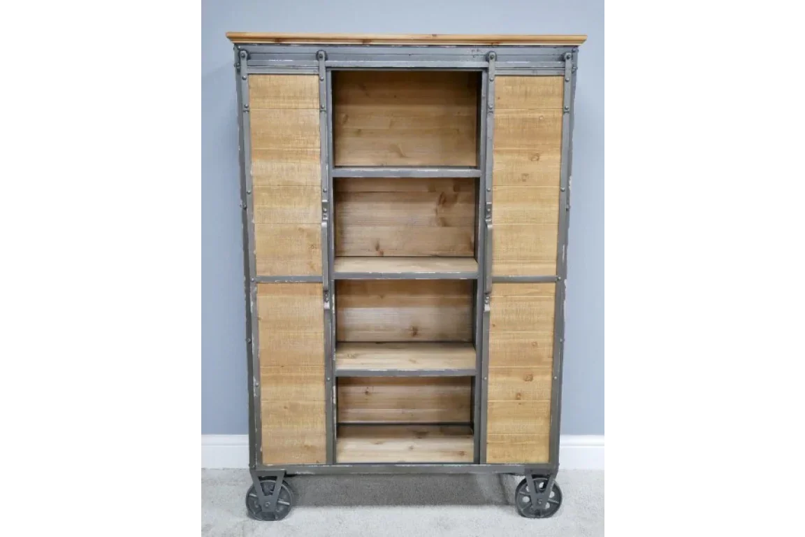 Industrial style wooden storage cabinet with metal frame and shelves on castor wheels