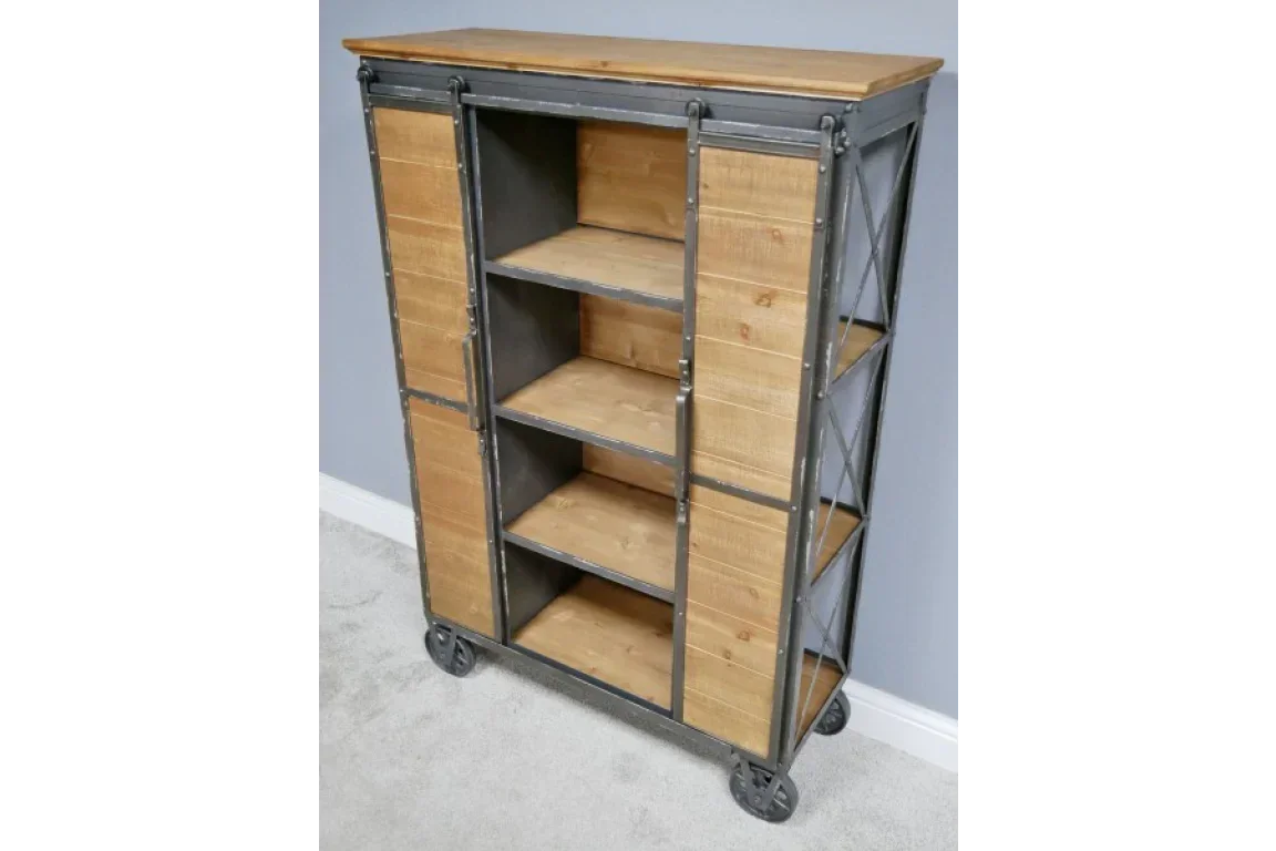 Industrial style wooden storage cabinet with metal frame and sliding barn doors