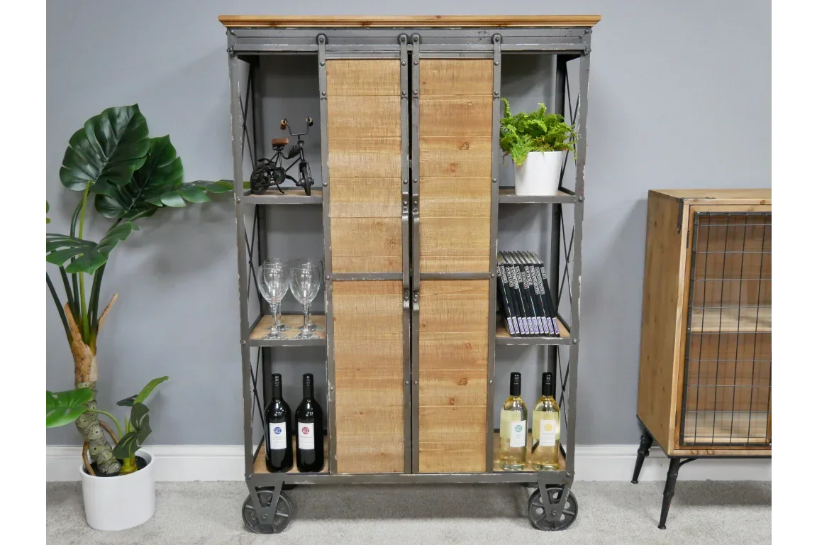 Industrial sideboard with wood and metal frame, open shelves, sliding doors, wine bottles