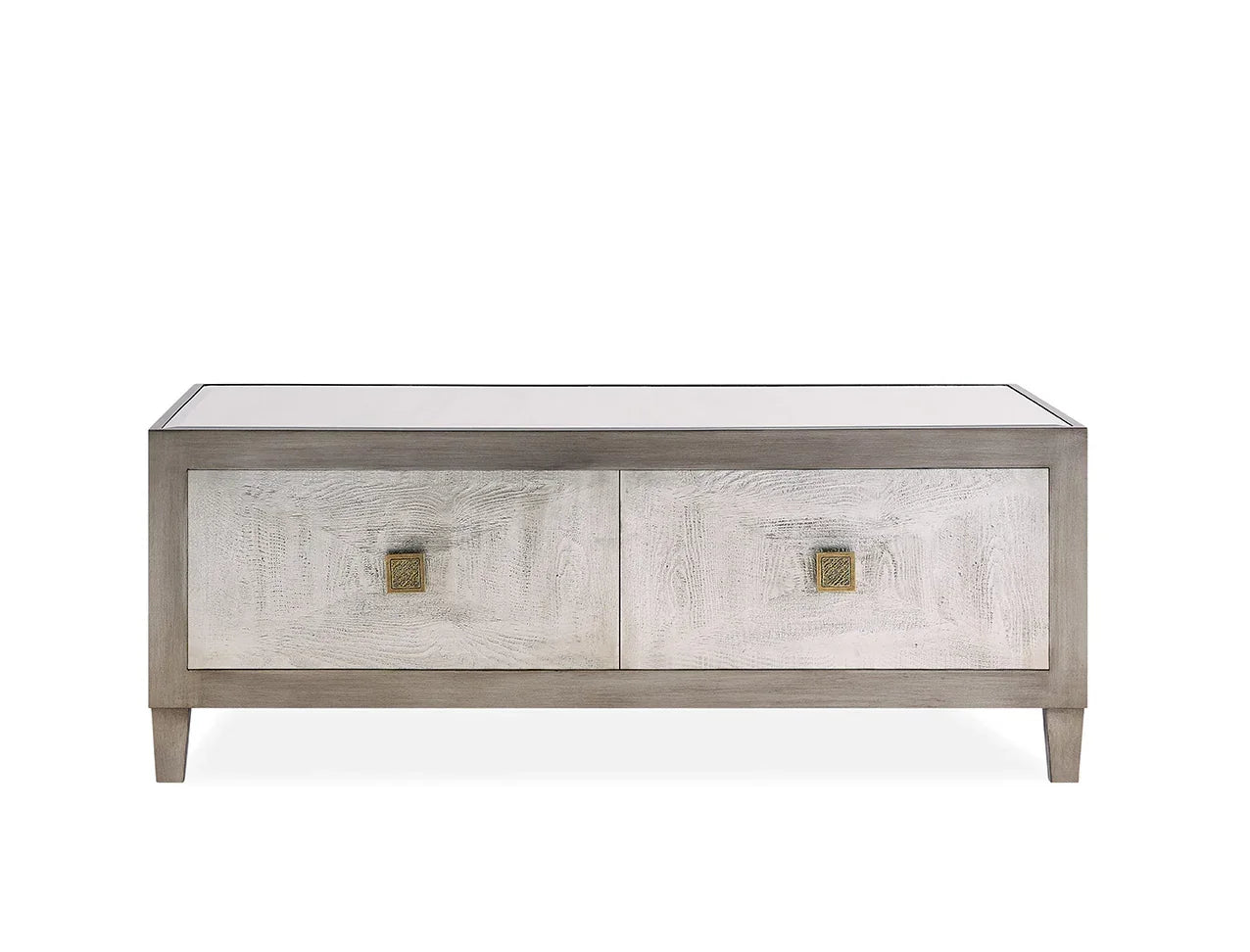 Modern wooden coffee table with glass top and two front drawers, metallic handles, light finish