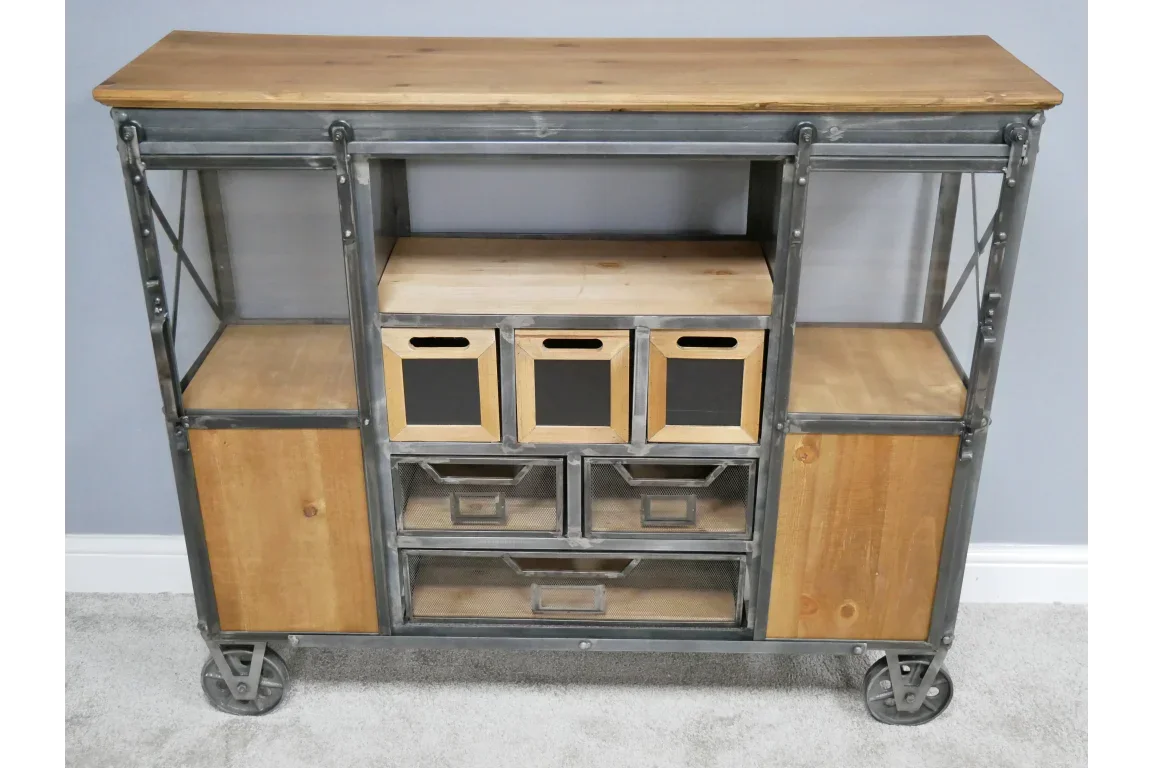 Industrial sideboard with wood shelves, metal frame, storage drawers and caster wheels