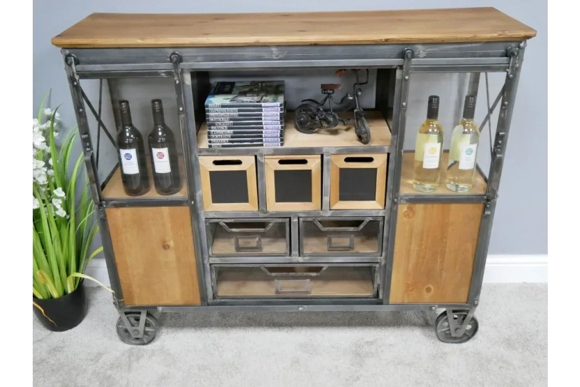 Industrial sideboard with wooden shelves, metal frame, wine bottles, storage boxes, and drawers