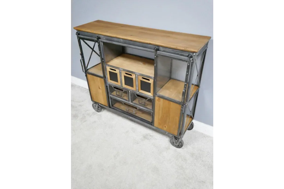 Industrial storage cabinet with metal frame, wooden shelves, drawers, and caster wheels