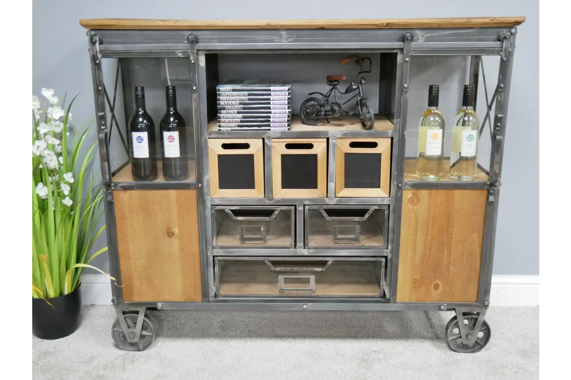 Industrial sideboard with wood and metal frame, shelves, drawers, and wine bottle storage