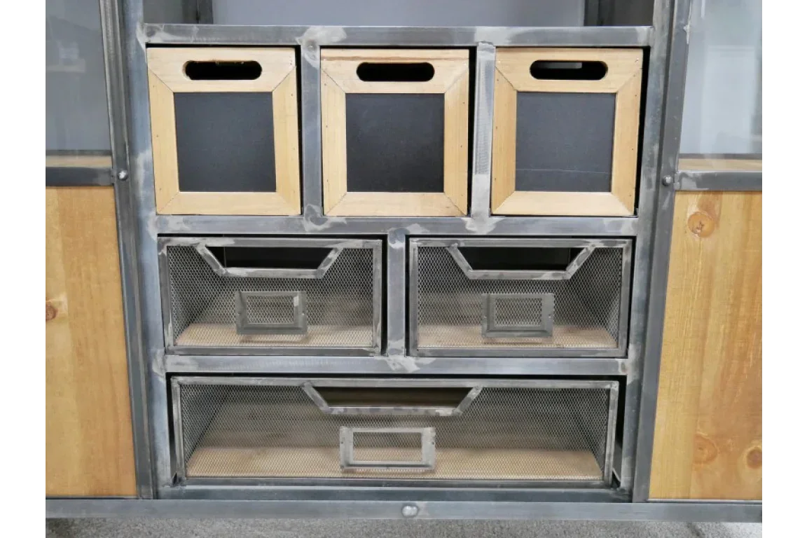 Industrial storage unit with wooden boxes and metal mesh drawers