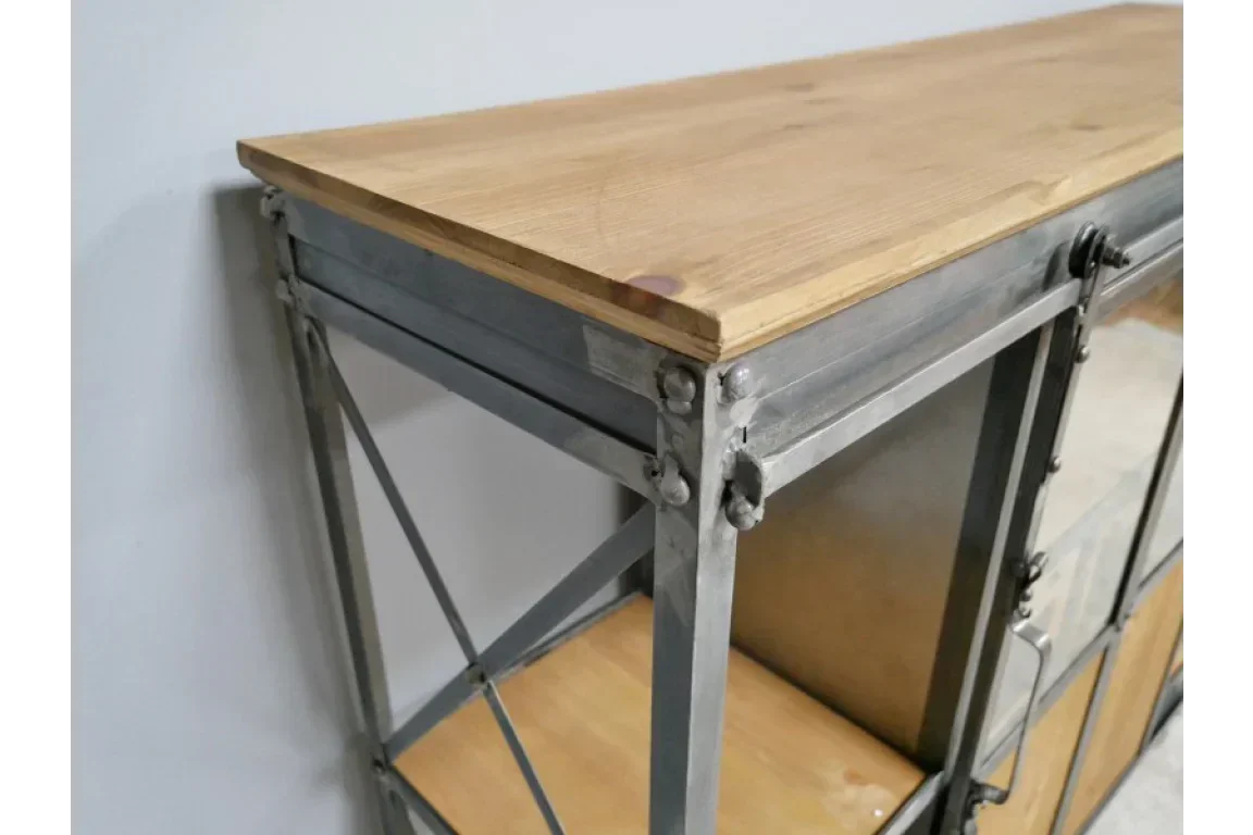 Industrial metal and wood storage cabinet with open shelving and rivet details