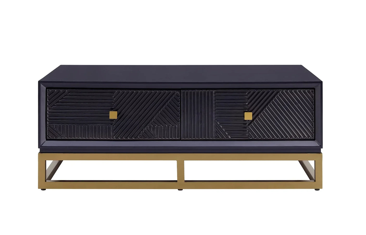 Black coffee table with geometric drawer fronts and gold metal base, front view