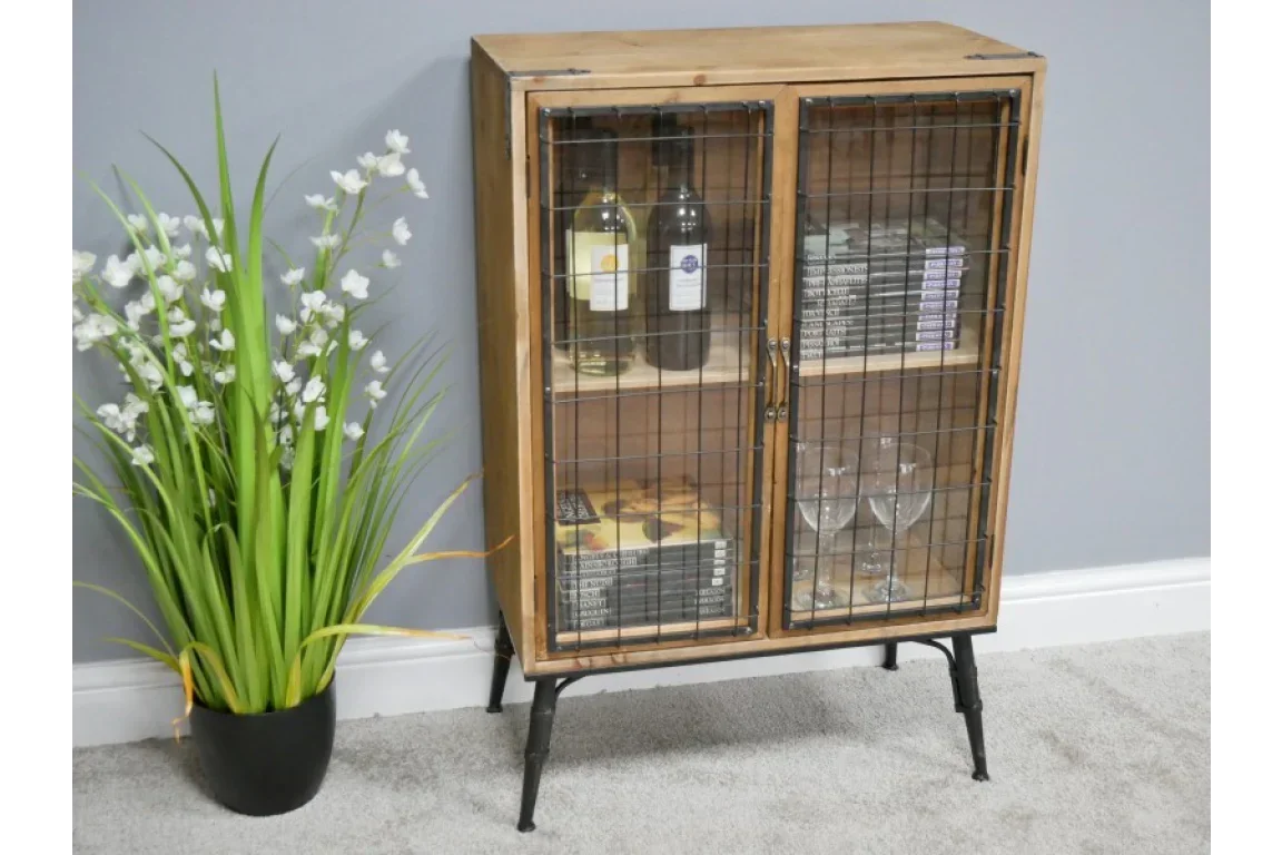 Industrial wood and metal sideboard cabinet with glass doors, shelves and black legs