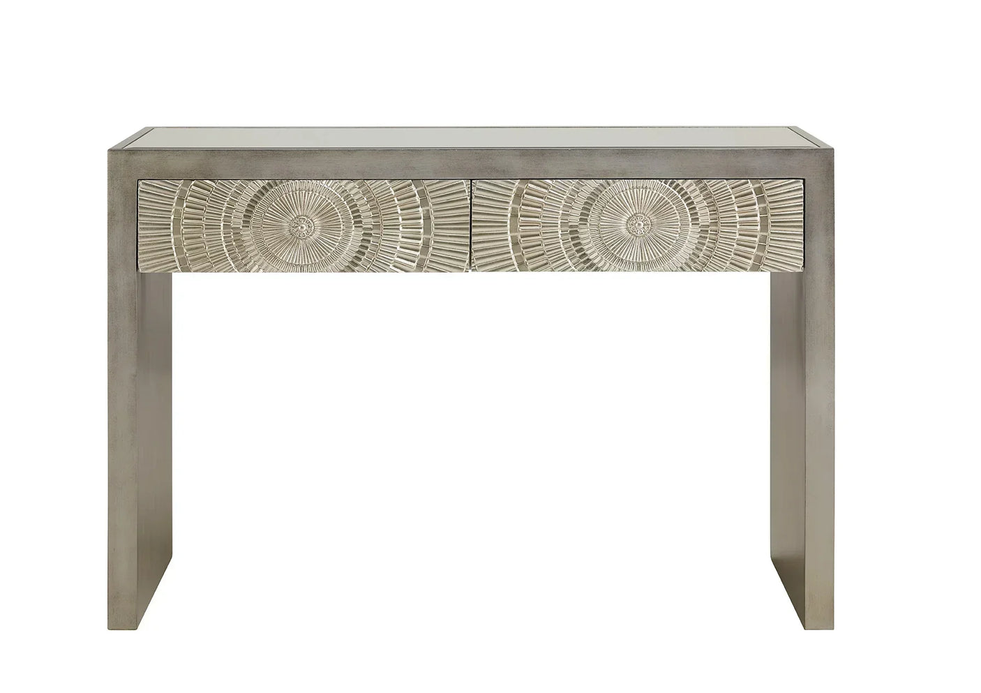 Silver console table with two textured drawers and clean rectangular lines