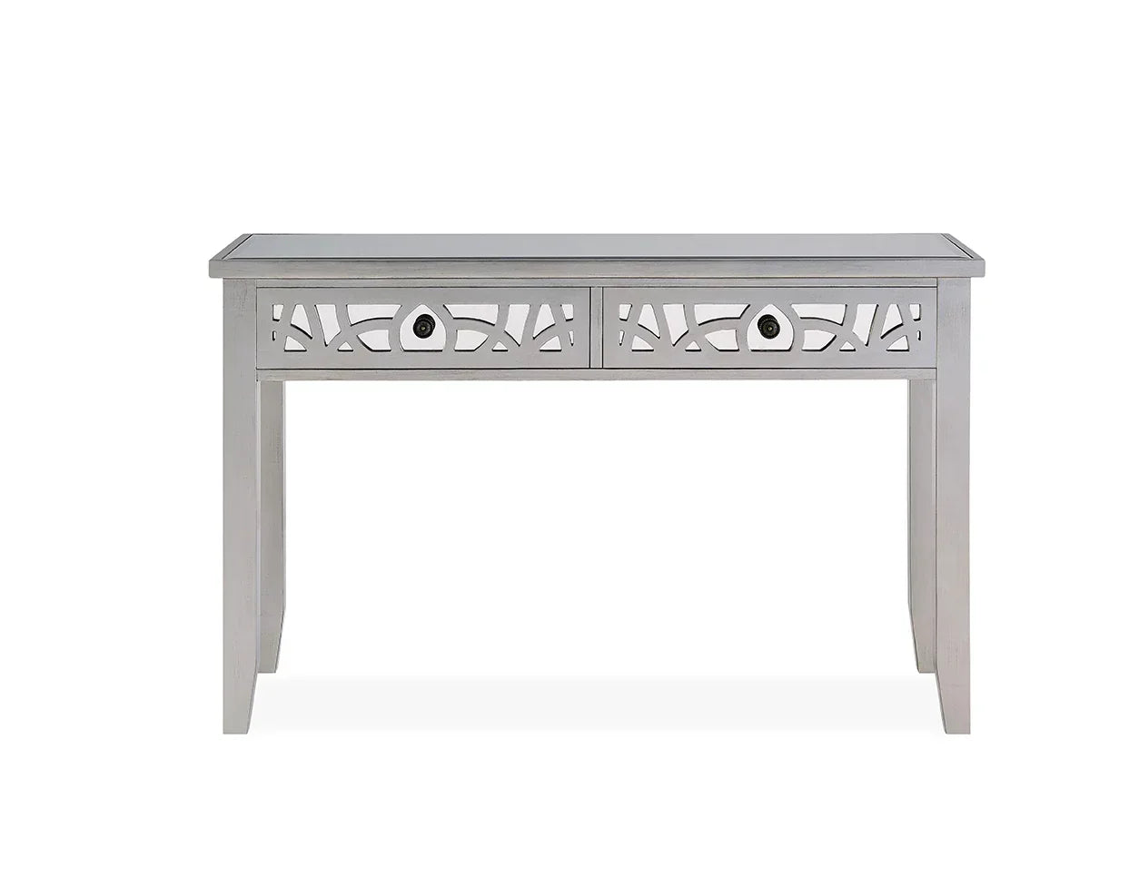 Silver console table with two drawers and geometric cut-out design on front panel