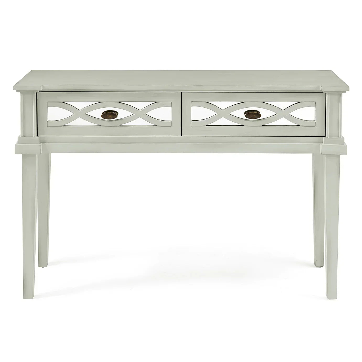 Grey console table with two drawers and lattice front detail