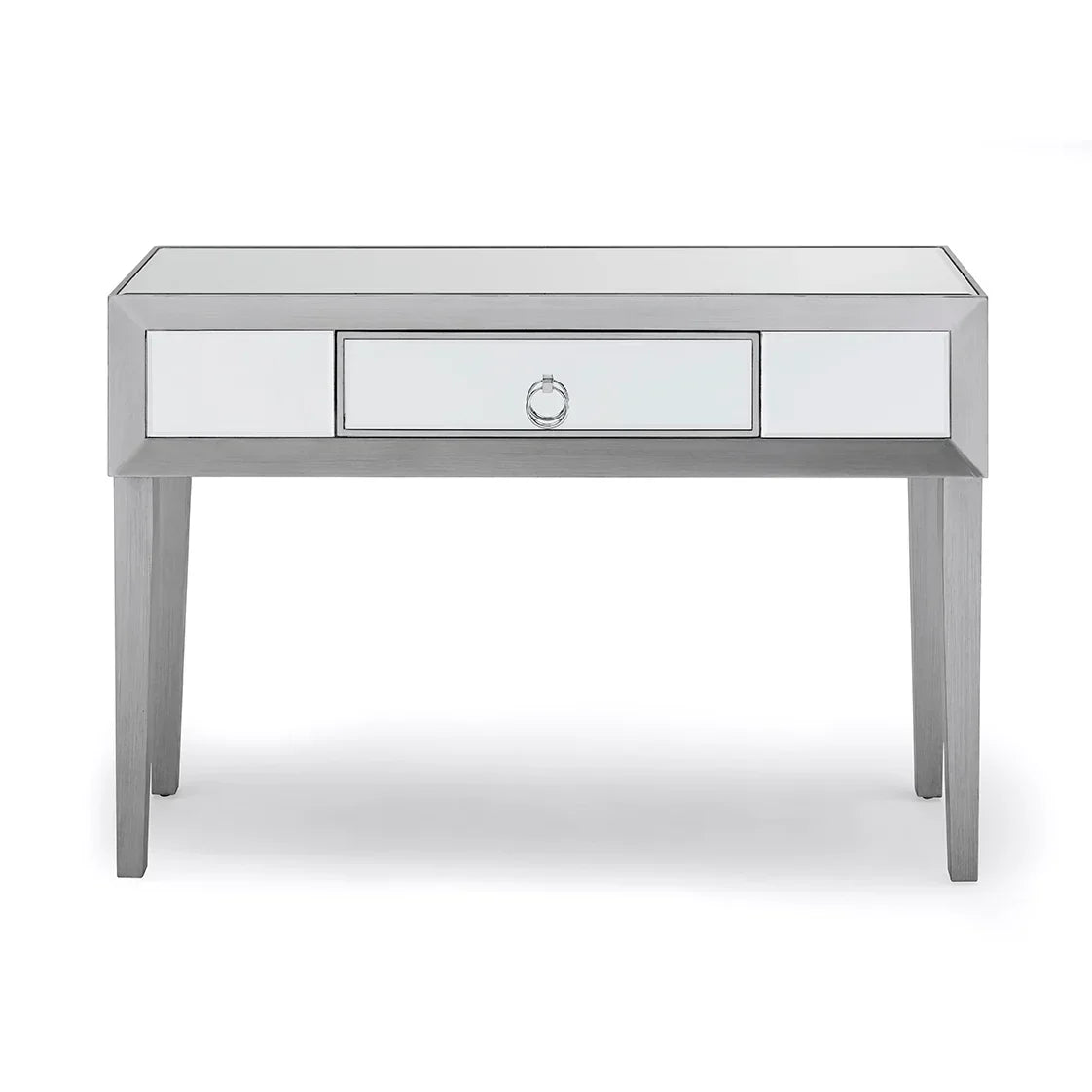 Mirrored console table with single drawer and silver frame, front view on white background