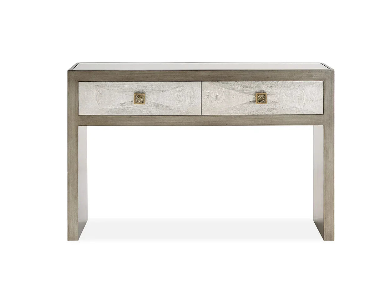 Modern console table with two drawers, light wood finish, square metal handles, front view