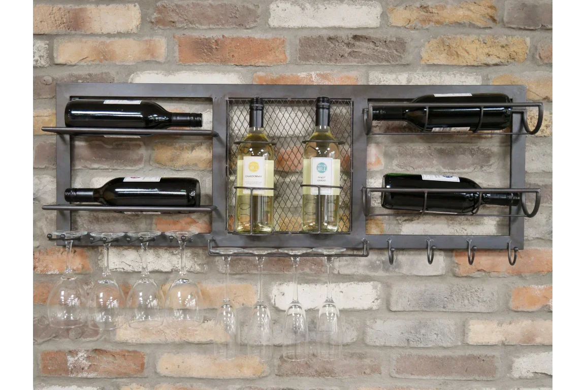 Wall mounted metal wine rack with hanging glass holders and six wine bottles