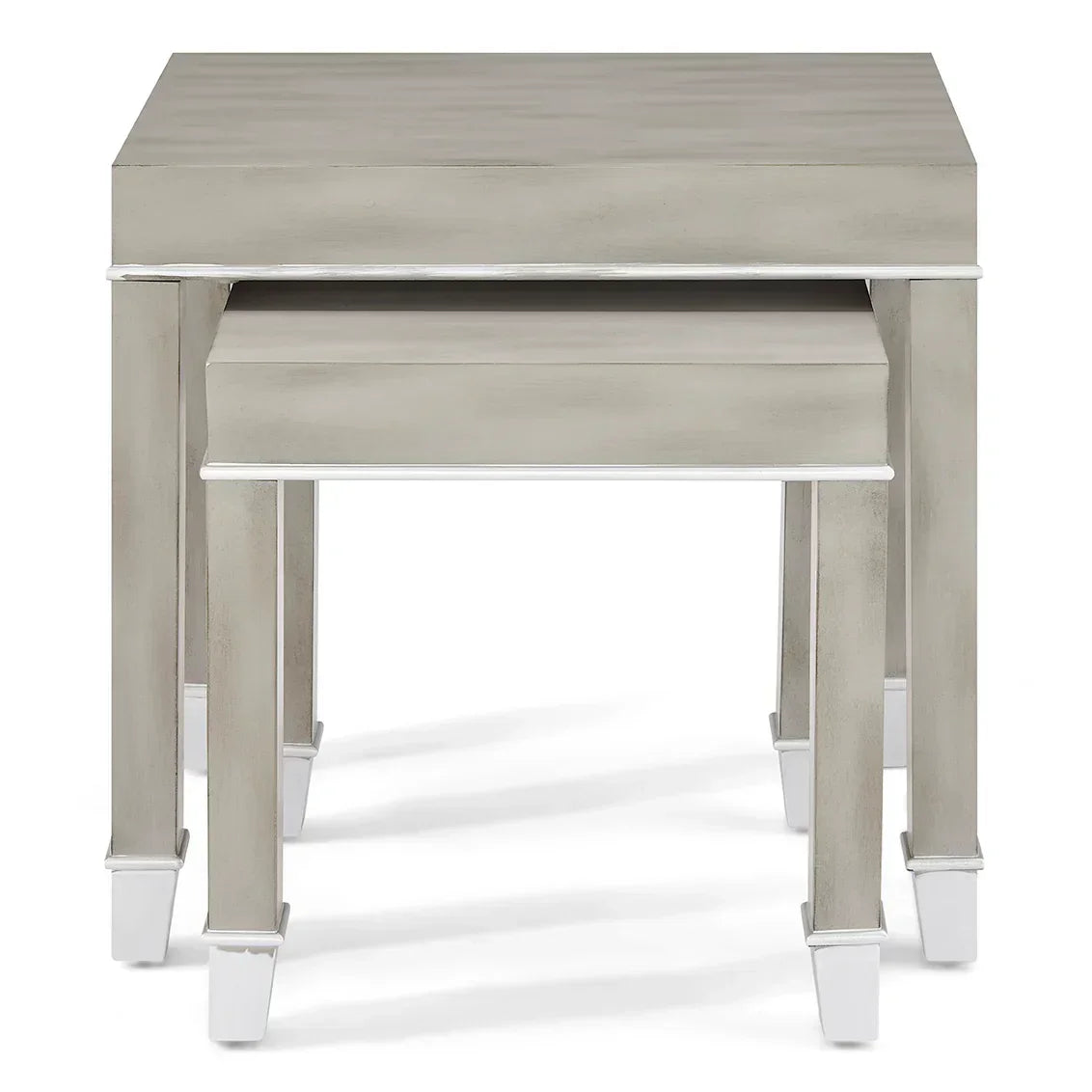 Grey wooden nesting tables set with white trim, front view