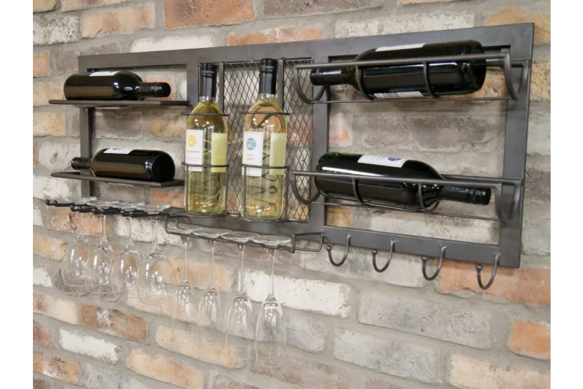 Wall mounted wine rack with metal frame holding wine bottles and hanging wine glasses