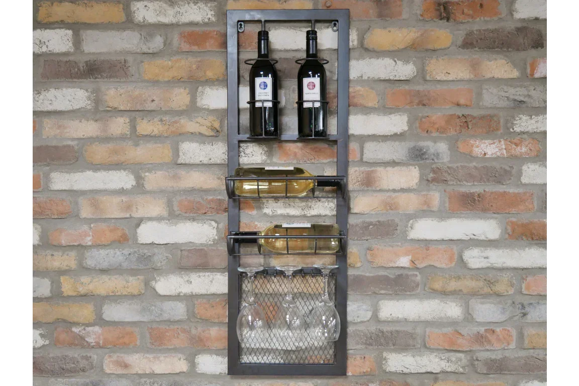 Wall mounted metal wine rack holding four bottles and four hanging wine glasses