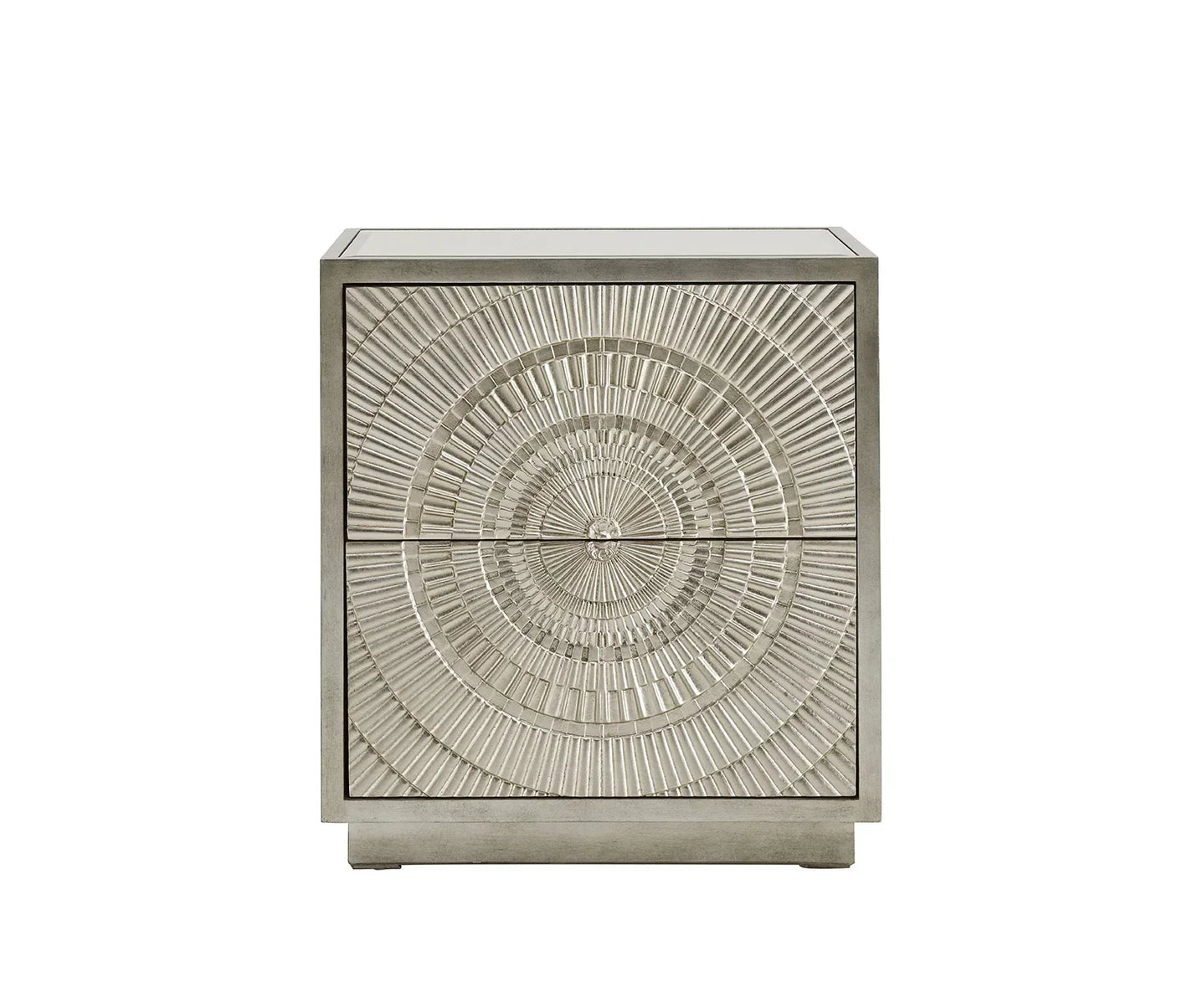 Metallic bedside table with textured circular pattern and two drawers, front view