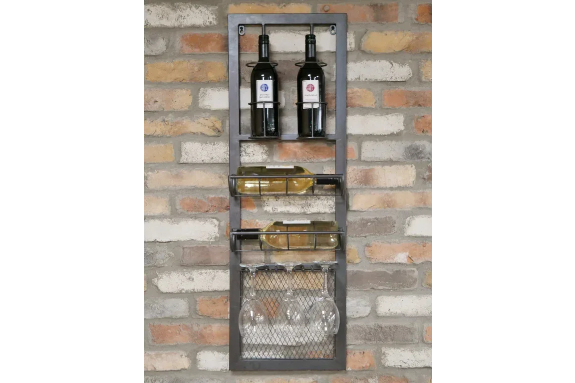 Wall mounted metal wine rack with storage for bottles and hanging wine glasses