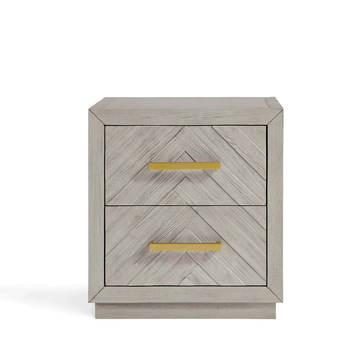 Grey wooden bedside table with two drawers and gold handles, front view