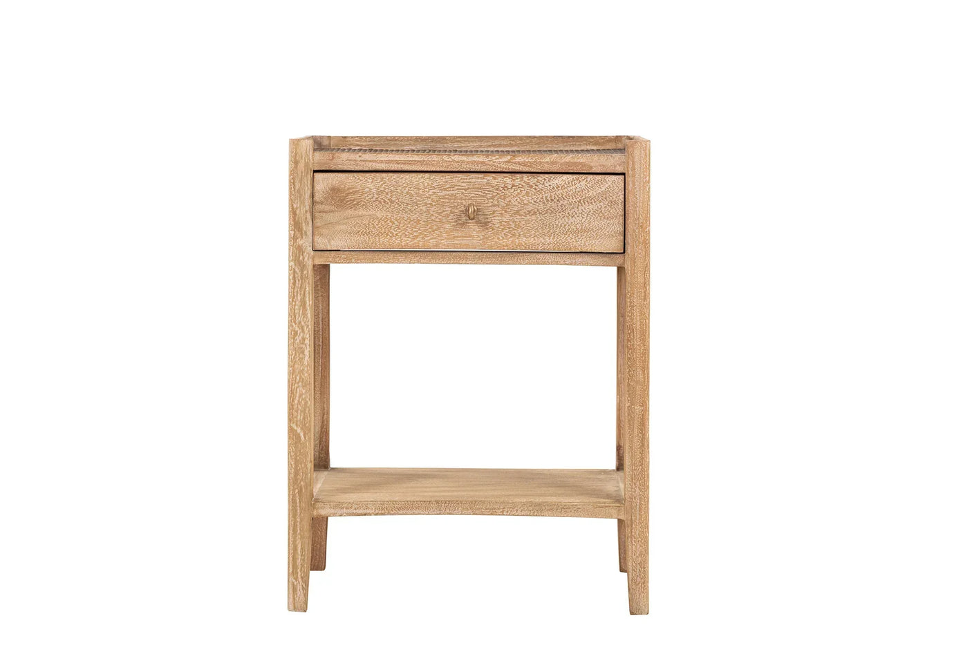 Light wood bedside table with single drawer and lower shelf, front view