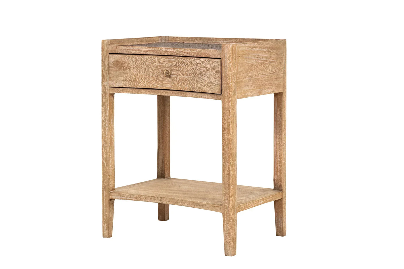 Oak bedside table with single drawer and open lower shelf, shown angled on white background