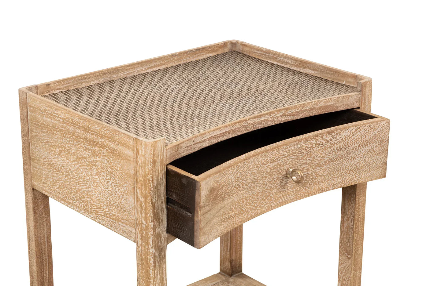Light wood bedside table with cane top and open drawer, brass knob detail