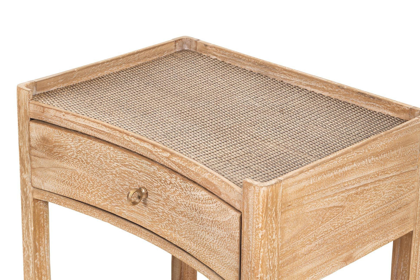 Light oak bedside table with rattan top and single drawer, close-up view