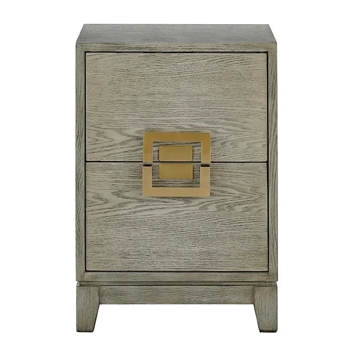 Light wood bedside table with gold square handle and two drawers, front view