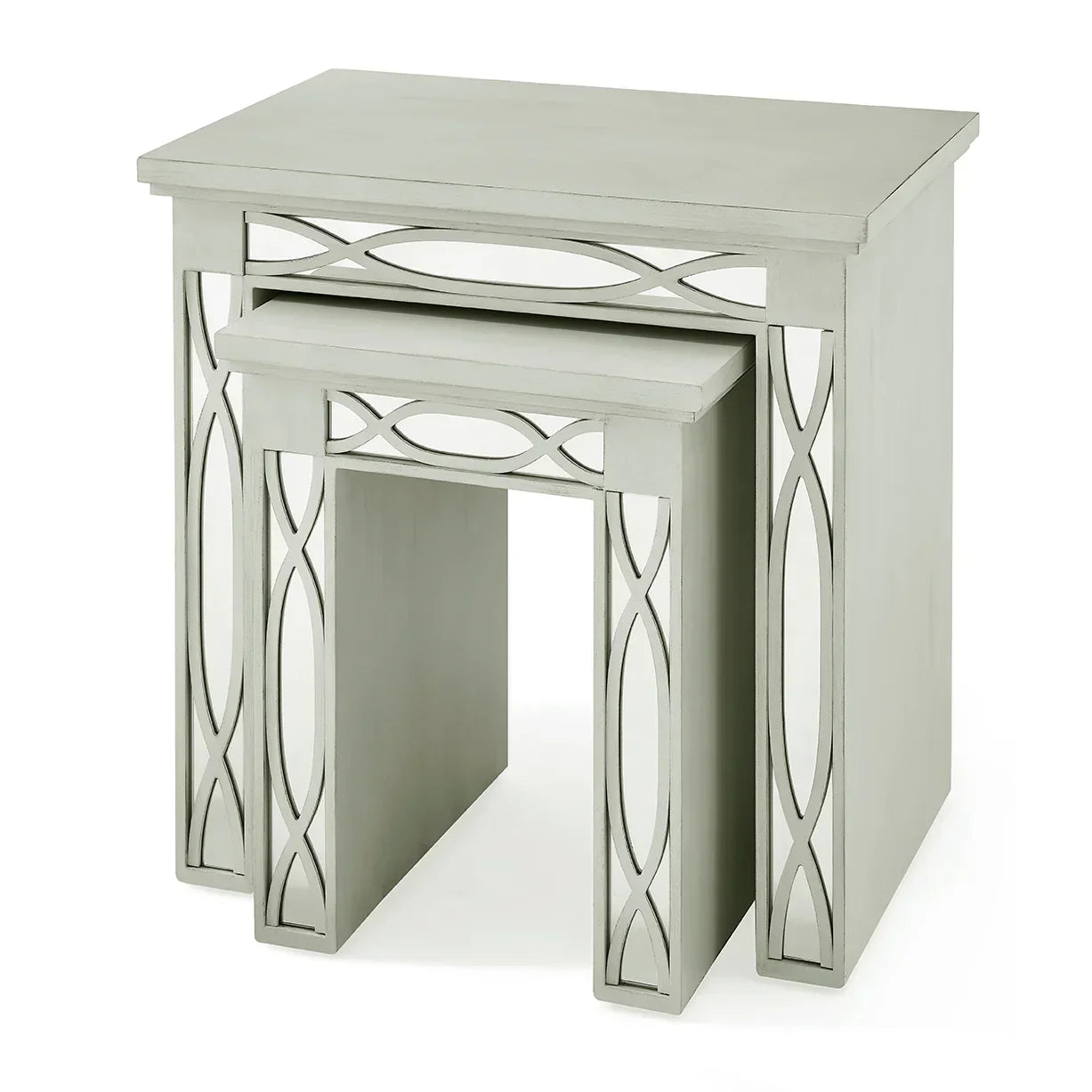 Grey wooden nesting tables with geometric cut-out design and mirrored panel details
