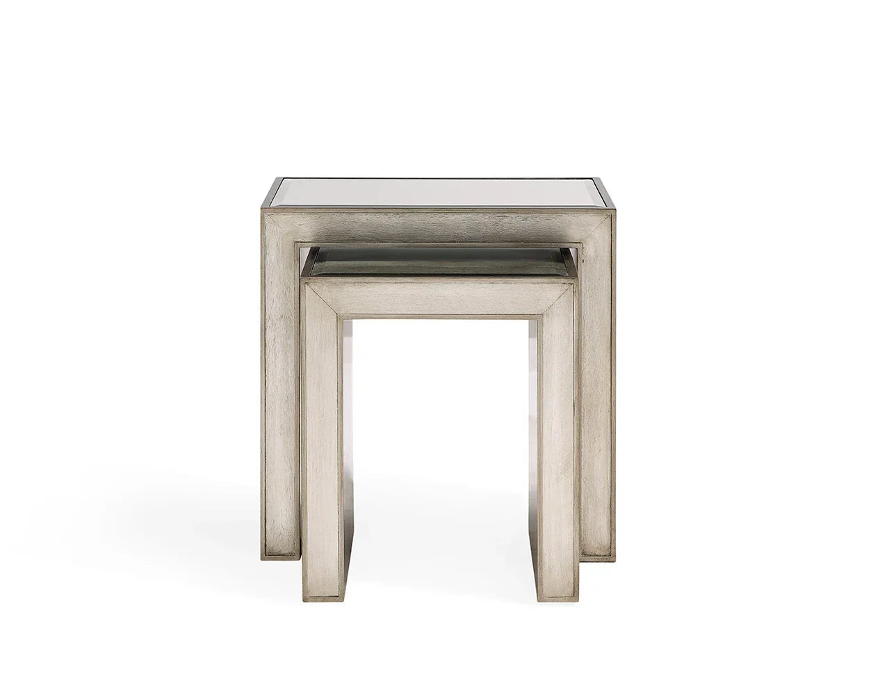 Silver wood nesting tables with glass tops, two tables stacked front view