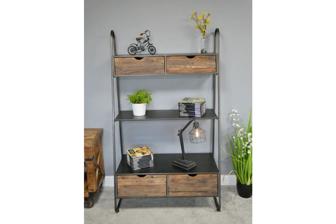 Industrial shelving unit with wood drawers, black metal frame, and decor accessories