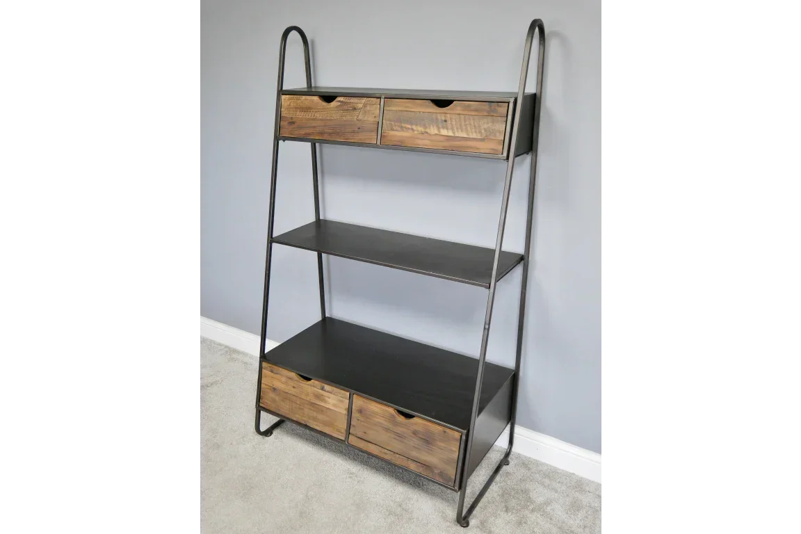 Industrial shelving unit with black metal frame and four wooden drawers against grey wall