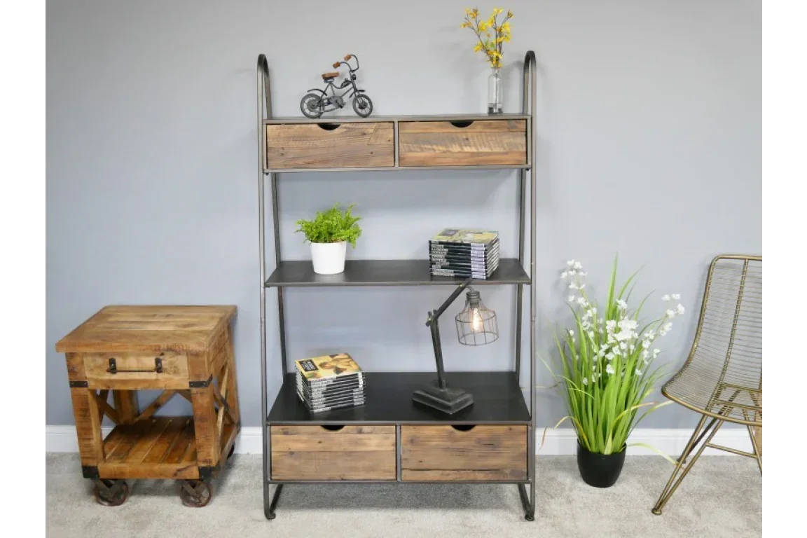 Industrial style shelving unit with wood drawers and metal frame in living room setting