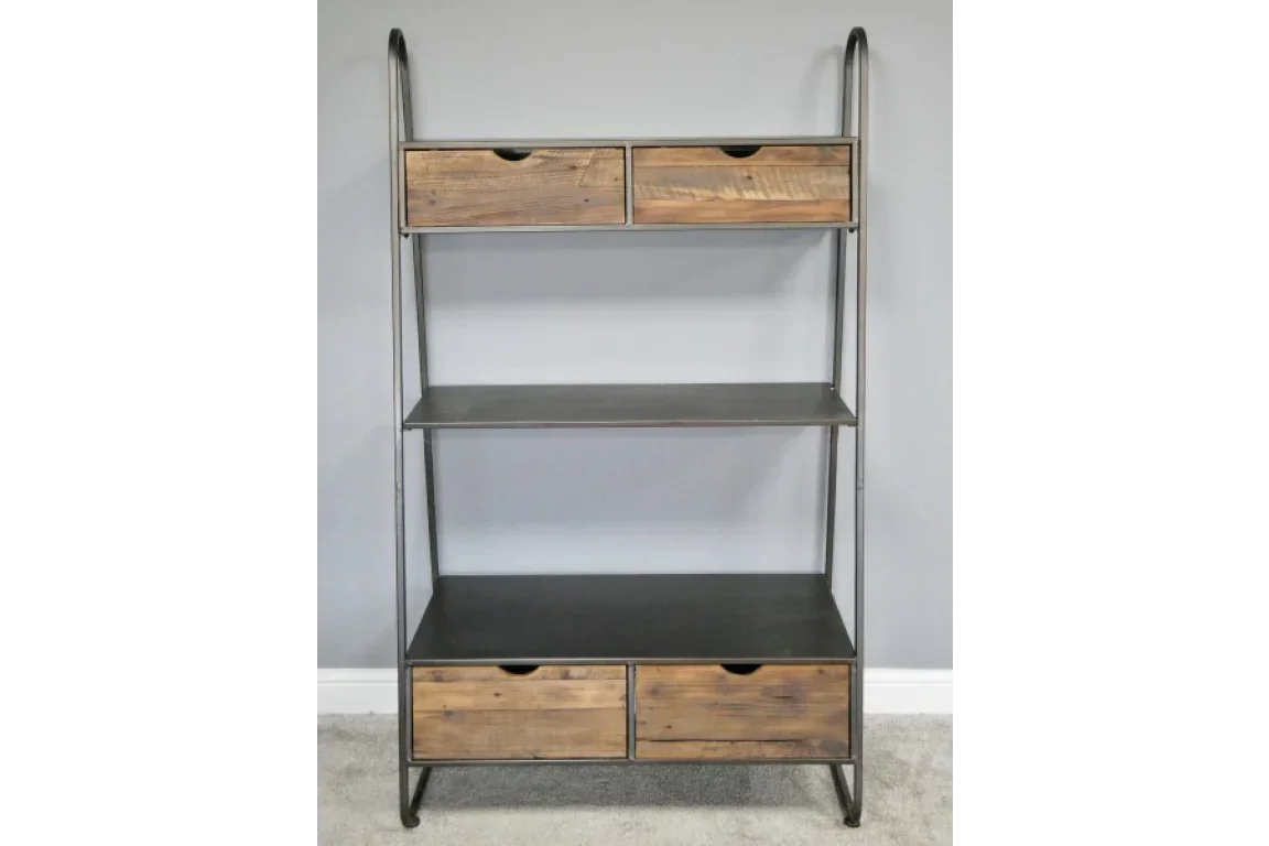 Industrial shelving unit with four wooden drawers and black metal frame against grey wall