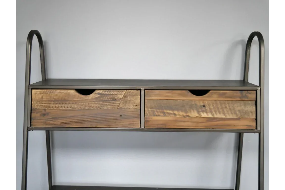 Industrial console table with metal frame and two wooden drawers against grey wall