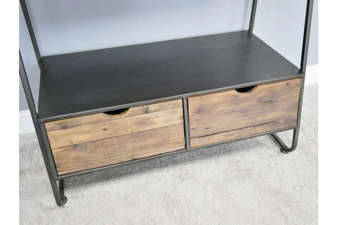 Industrial shelving unit with two wooden drawers and black metal frame on grey carpet