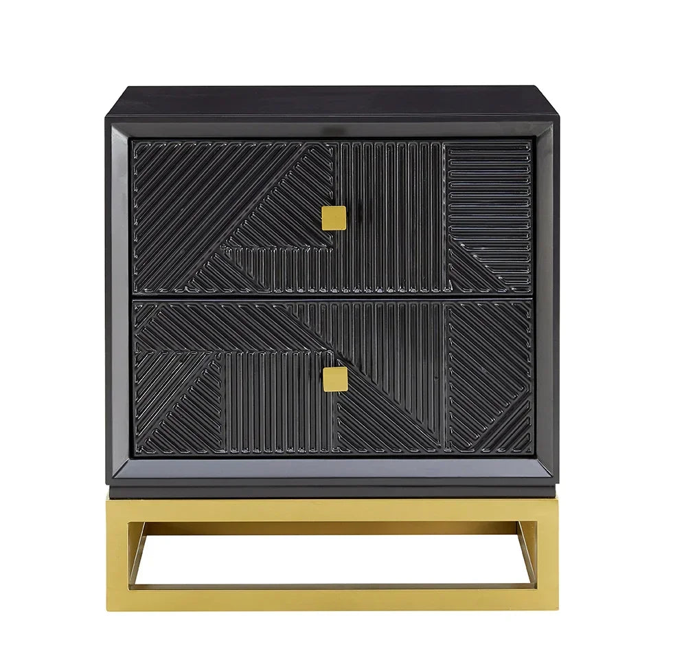 Black geometric two drawer bedside table with gold handles and gold metal base