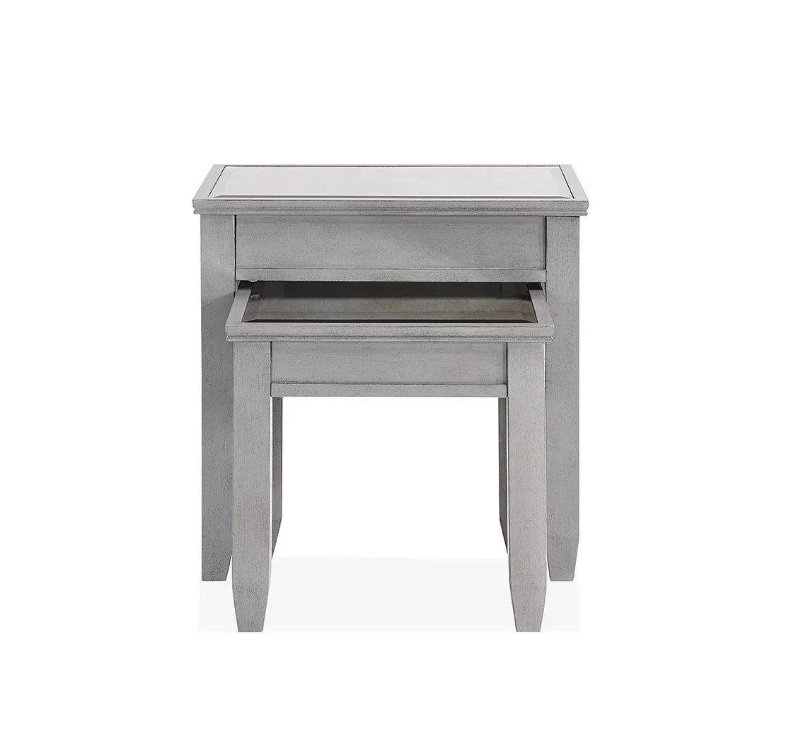 Grey wooden nesting tables with rectangular tops, shown stacked front view