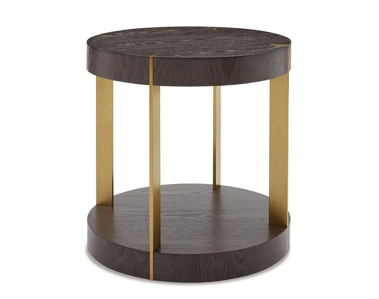 Round dark wood side table with gold metal legs and lower shelf