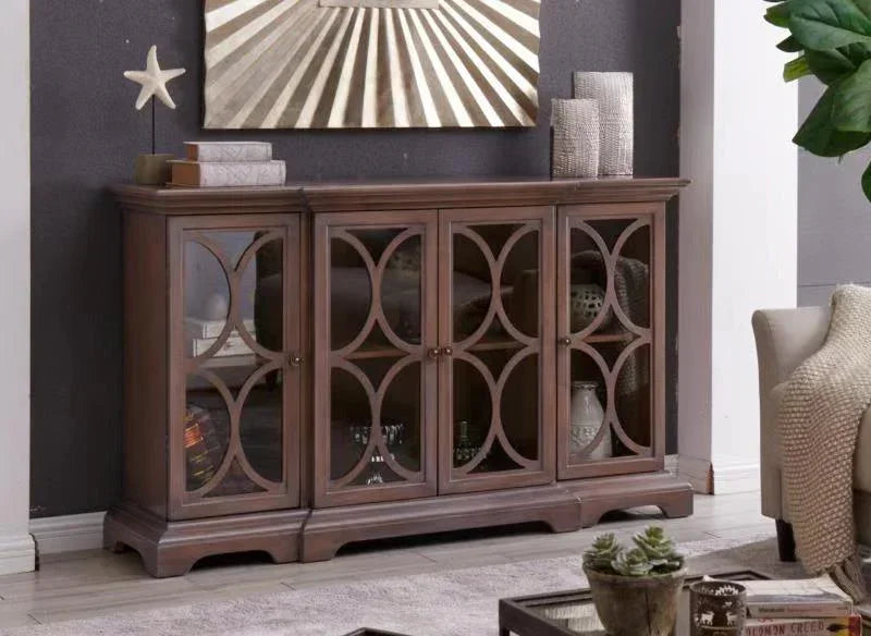Wooden sideboard with glass doors and geometric pattern in living room setting