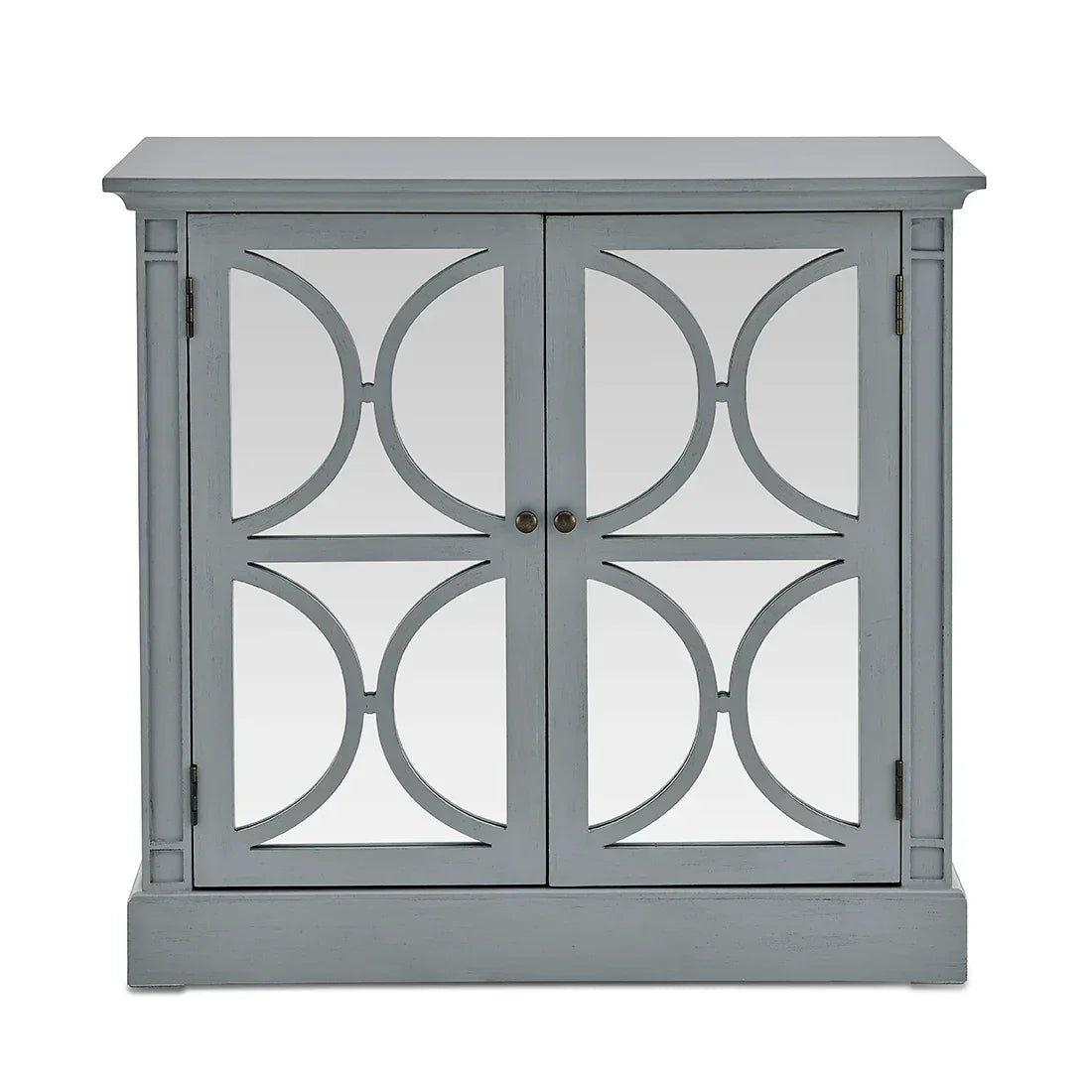 Grey wooden sideboard with mirrored doors and circular geometric detailing
