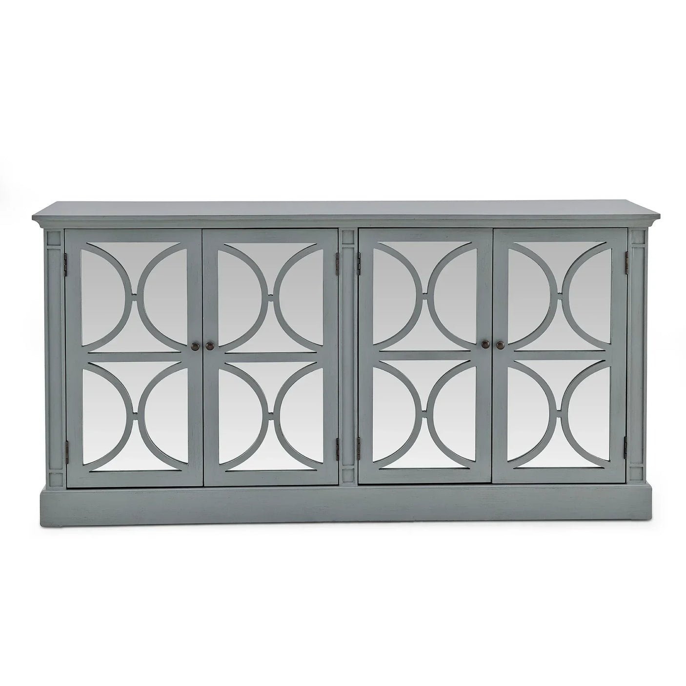 Grey mirrored sideboard with four geometric patterned cabinet doors, front view