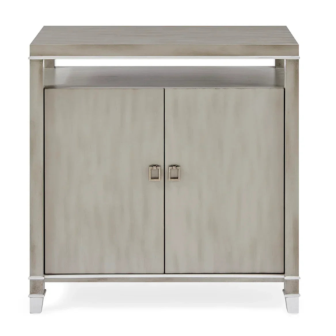Grey wooden sideboard cabinet with two doors and metal handles, front view