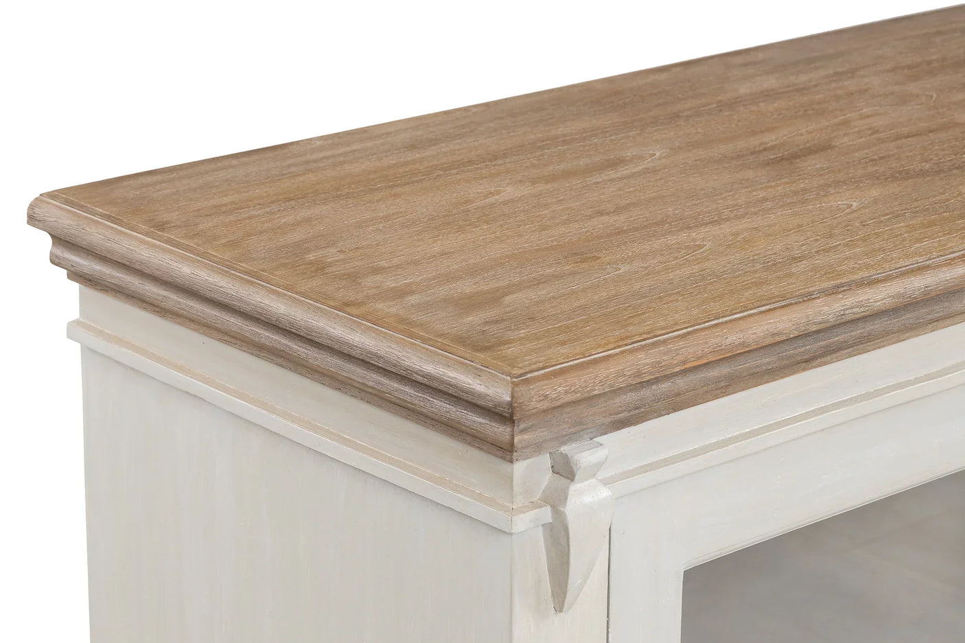 Light wood sideboard with natural top and white painted panel details, close angle view