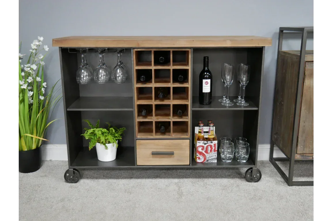Wood and metal drinks trolley with wine rack, glass holder, and storage shelves
