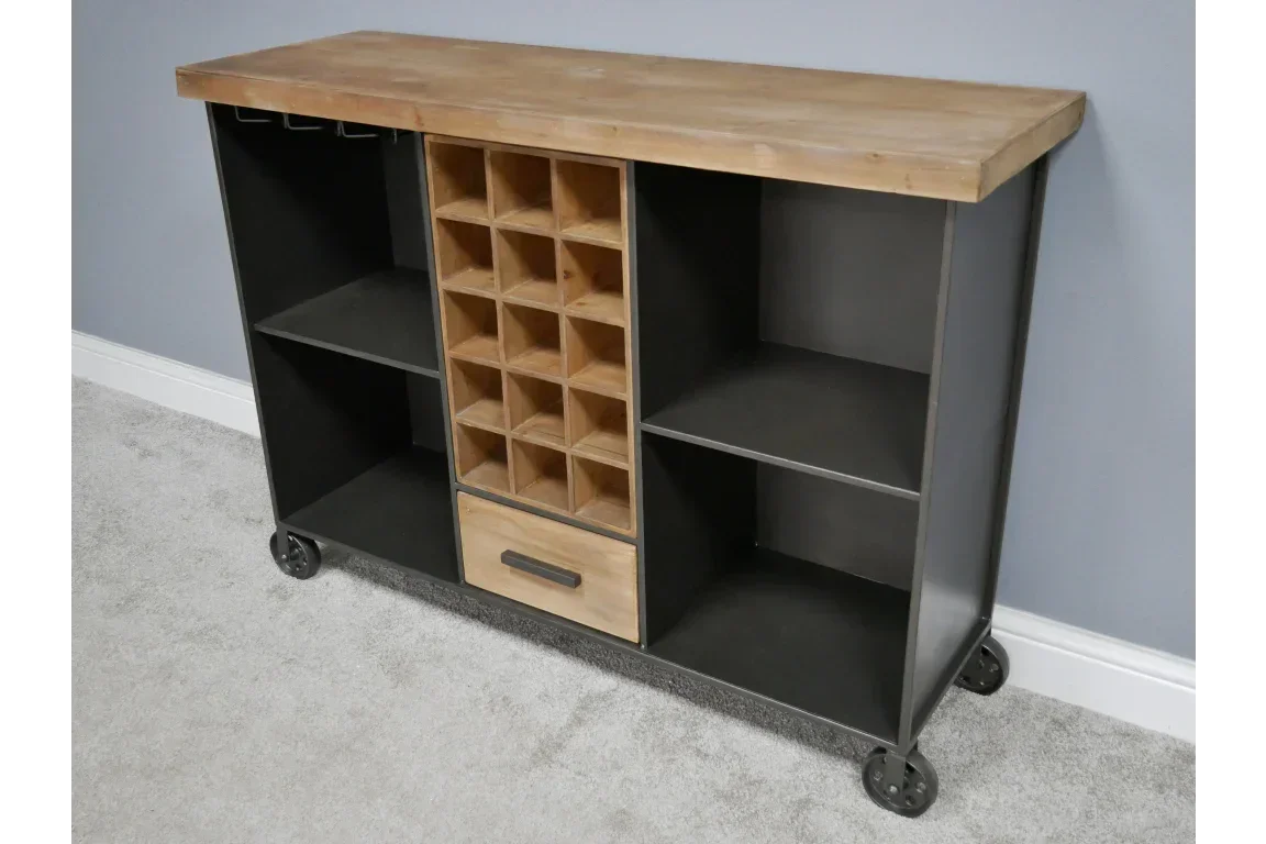 Industrial bar cabinet with wood top, wine rack, open shelves, drawer and caster wheels