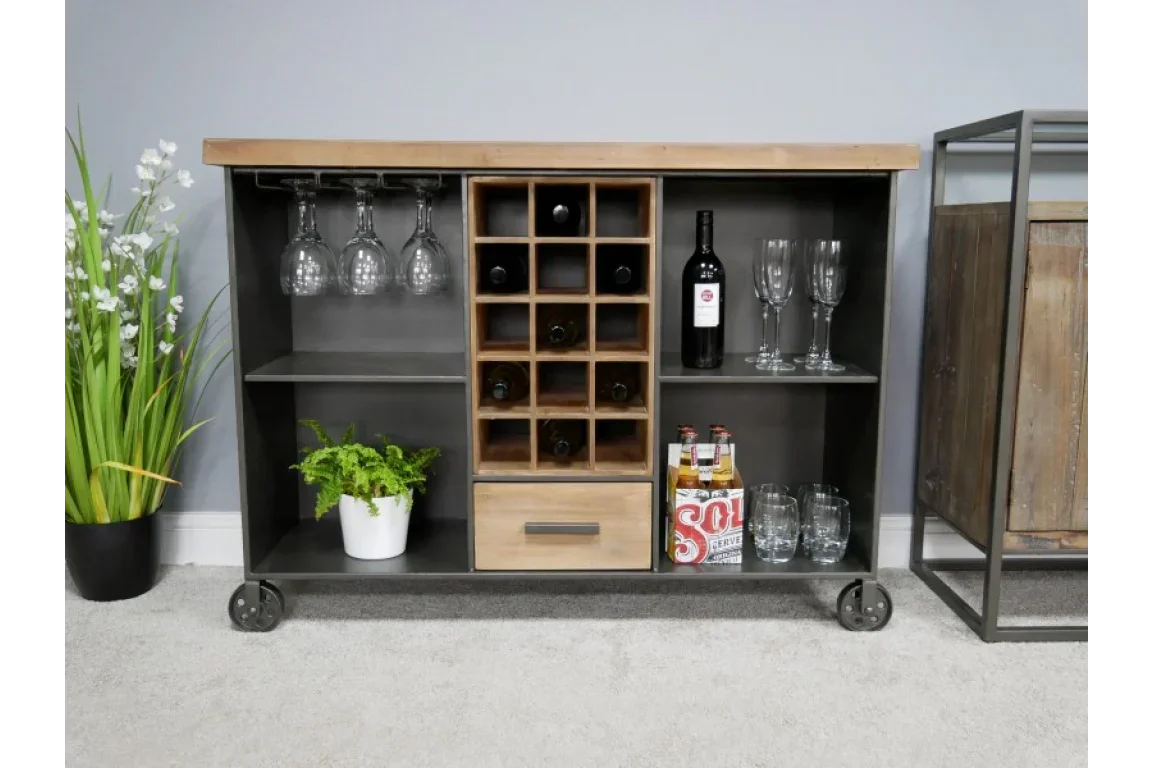 Industrial sideboard with wine rack, glass storage, wooden drawer, and metal frame on wheels